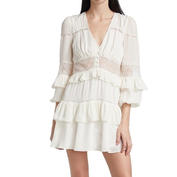 CINQ A SEPT Sanya Ruffled Silk & Lace ivory Dress 2 NWOT - Picture 2 of 12